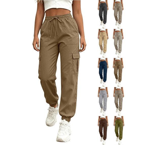 Liuinsasek Womens Tapered Cargo Pants with Drawstring Elastic Waistband and Pockets Jogger Pants Lightweight Comfortable for Athletic Running Travel