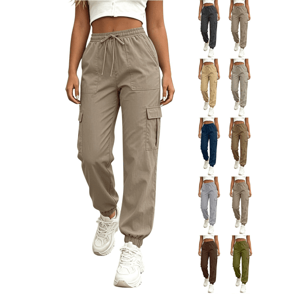 Liuinsasek Womens Tapered Cargo Pants with Drawstring Elastic Waistband and Pockets Jogger Pants Lightweight Comfortable for Athletic Running Travel