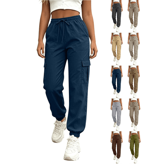 Liuinsasek Womens Tapered Cargo Pants with Drawstring Elastic Waistband and Pockets Jogger Pants Lightweight Comfortable for Athletic Running Travel