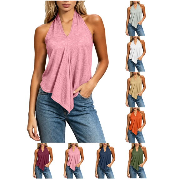 Liuinsasek Womens V-Neck Sleeveless Tank Top Halter Neck Irregular Pointed Hem Loose Solid Color Casual Tops for Everyday and Travel Outfits
