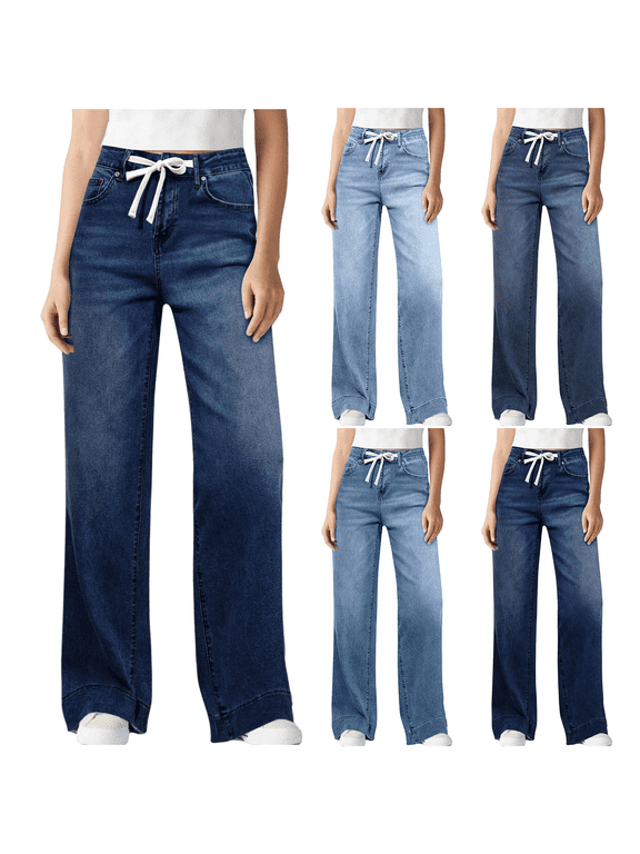 Womens Wide Leg Jeans Loose Straight High Waist and Elastic Drawstring Fashion Comfort Vintage Denim Casual Baggy Pants for Four Seasons