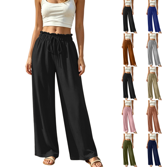 Liuinsasek Womens Wide Leg Pants Solid-Color High-Waisted Casual Drawstring Pants Elastic Waistband with Ruffle Trim Lightweight and Comfortable