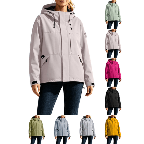 Liuinsasek Womens Windbreaker Waterproof Raincoat Long-Sleeve Solid Color Zipper Hooded Large Pocket Jacket for Outdoor Mountain Climbing Hiking Skiing Jacket
