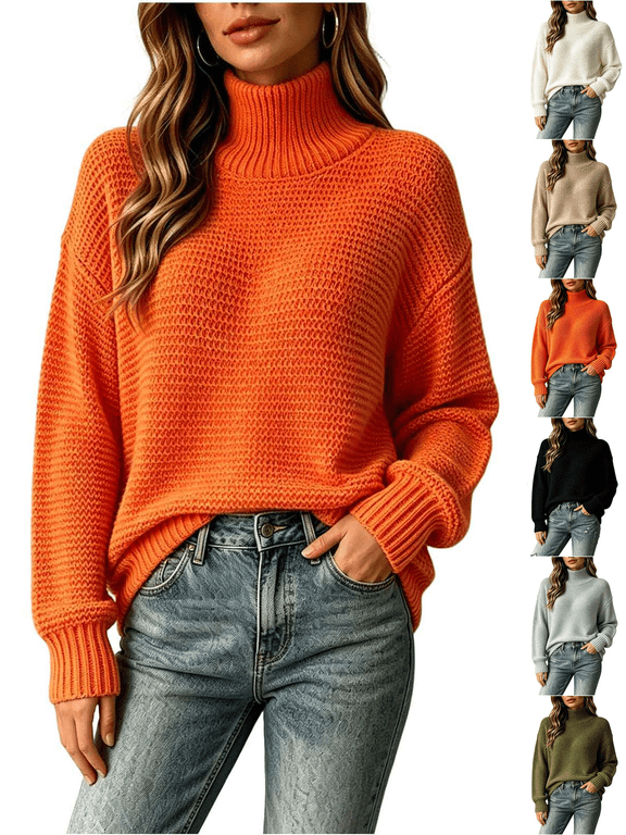 Womens Winter High Neck Chunky Knitted Sweater Fashionable Loose Long Sleeved Pullover Top Drop Shoulders Relaxed and Casual Sweater