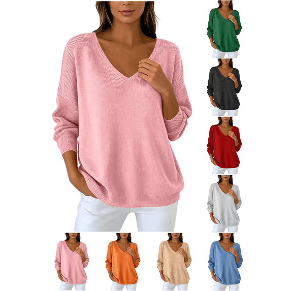 Liuinsasek Womens Winter V Neck Knitted Sweater Fashion Casual Basic Solid Lightweight Soft Basic Casual Pullover Top for Spring Fall Winter