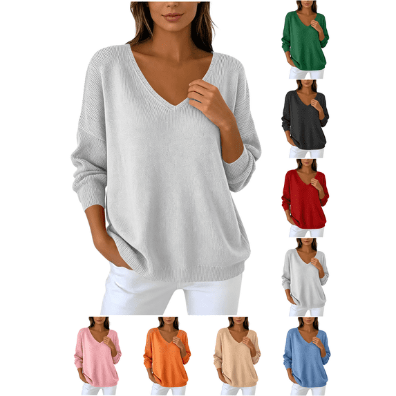 Liuinsasek Womens Winter V Neck Knitted Sweater Fashion Casual Basic Solid Lightweight Soft Basic Casual Pullover Top for Spring Fall Winter