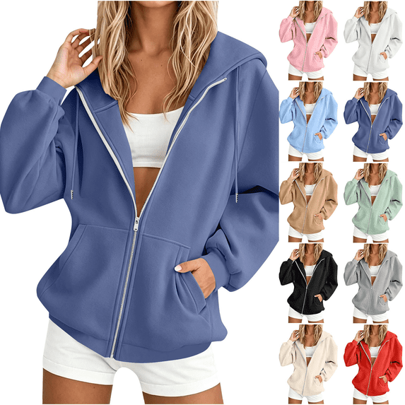 Liuinsasek Zip Up Hoodies for Women Drawstring Casual Oversized Sweatshirt with Pockets Cozy Winter Clothes