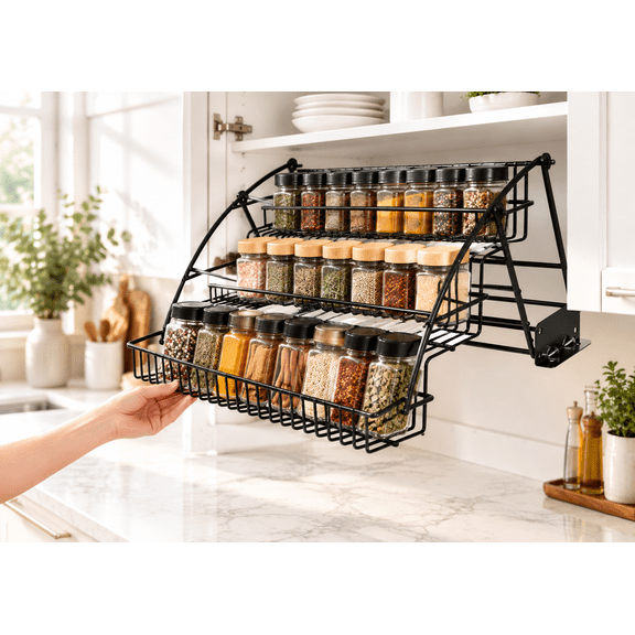 3-Tier Pull Down Spice Rack, Iron Retractable Kitchen Storage Shelf Organizer for Spice Bottles Seasoning Jars Shakers, Easy Reach Large Capacity Pull Out Cabinet Pantry Organizer, Black