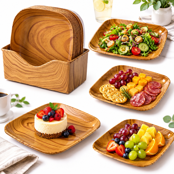 Liujiale 8 Pcs Square Plates Durable Plastic Dinner & Serving Trays with Acacia Wood Grain Print, Versatile Charger Plates for Wedding, Appetizer, Cheese, Snack, Dessert, Salad, Fruit, Brown