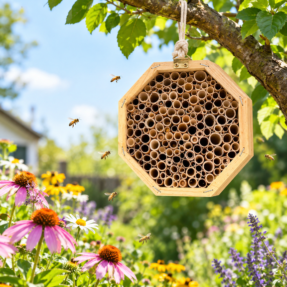 Bee House - Handmade Wooden Bee Hive, Hexagon Bee Hives Boxes - Attracts Peaceful Bee Pollinators to Your Garden, Bee Houses for Garden