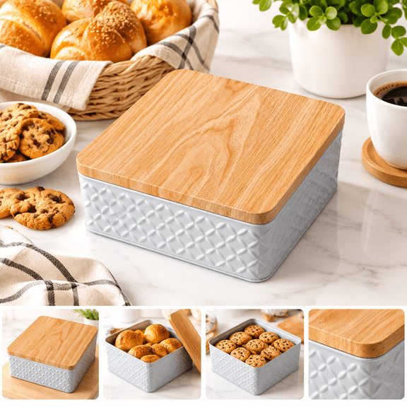 Embossed Metal Kitchen Storage Box with Bamboo Lid Space-Saving Container for Bread Rolls, Cookies, and Snacks (6.77" x 6.77" x 2.40")
