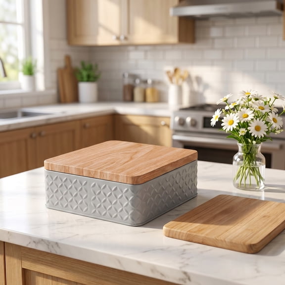 Embossed Metal Kitchen Storage Box with Bamboo Lid Space-Saving Container for Bread Rolls, Cookies, and Snacks (6.77" x 6.77" x 2.40")