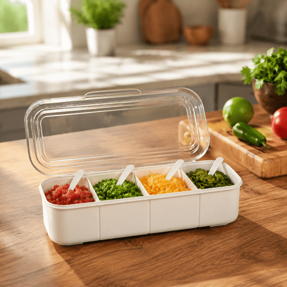 4-Compartment Condiment Caddy, Condiment Tray - Multipurpose White Seasoning Box with Lid for Kitchen, Taco Bar, BBQ and Parties