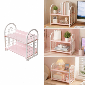 Liujiale Double Layer Desktop Storage Rack Desk Bookshelf Organizer, 2 Tier Hollow Tabletop Shelf for Dormitory Office, Pink