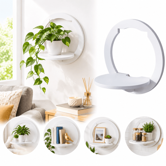 No Drill Floating Shelf White Plastic Wall Mount Display Rack for Plants, Books & Decor, DamageFree Installation for Bedroom, Kitchen, Office
