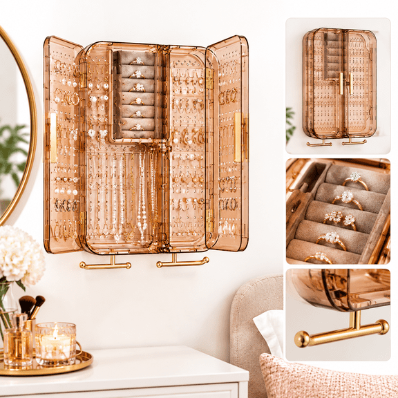 Acrylic Wall Mounted Jewelry Organizer, Dustproof Hanging Jewelry Storage Cabinet with Doors, Large Capacity Earring Ring Necklace Holder, Space Saving Bedroom Wall Decor, Brown (7.8" x 10.6" x 2.8")