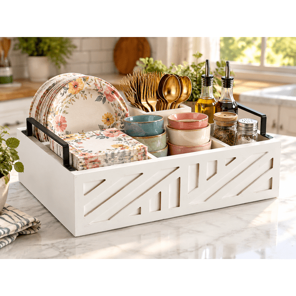Wood Rustic Paper Plate Dispenser Holder for Kitchen Counter, Rustic Silverware Utensil Caddy, Cutlery Flatware Organizer Box