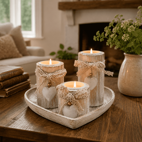 Wooden Candle Holders Centerpieces for Living Room Coffee Table Decorations, Farmhouse Table Decor Tealight Candles Holders with Rustic Tray, Candlesticks for Home Decor Fireplace Kitchen