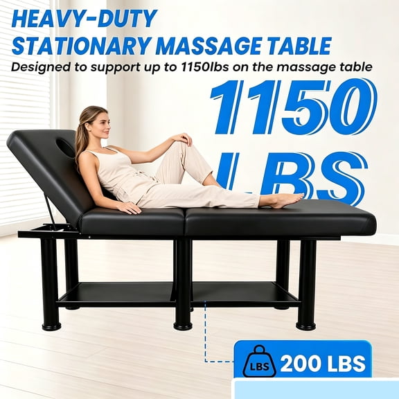 LiuliTrading Professional Heavy Duty Massage Table, 1150 lbs Capacity Stationary Tattoo Bed with Double Storage, Adjustable Backrest PU Leather for Salon Tattoo Studio