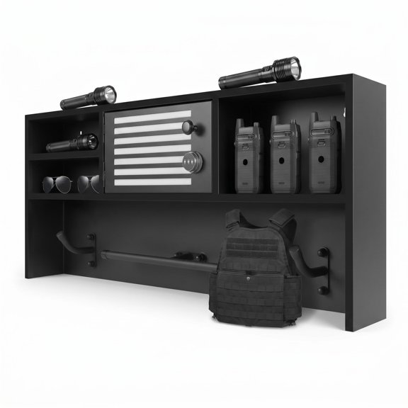 LiuliTrading Wall Mounted Tactical Duty Rack, Black Metal Multi Compartment Storage with Heavy Hooks for Police Office Use