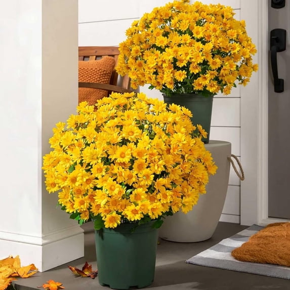 Liulin 10 Bundles Artificial Mums for Outdoors, UV Resistant Faux Mums for Outdoor Planters, Realistic Fake Mums Yellow Daisy No Fade Fall Flowers for Home Garden Patio Porch Wedding Decor, 12.6"
