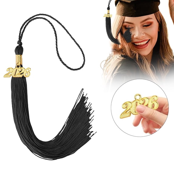 Liulin 2026 Tassel Graduation, Black Graduation Tassel with 2026 Year Gold Charms, Grad Cap Tassels for Graduate Cap Hat Decorations, Graduation Ceremony Accessories, Graduation Gifts, 14.8"