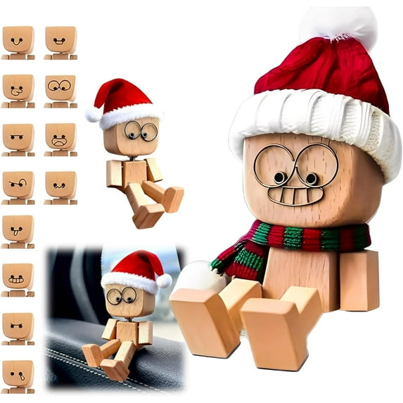 Liulin Christmas Shaking Feet Wooden Doll, Shaking Wooden Man Figurine with Spring Legs, Christmas Hat and Scarf, Tiny Wooden Shaking Man for Car Dashboard, Little Wooden Figure for Xmas Home Decor