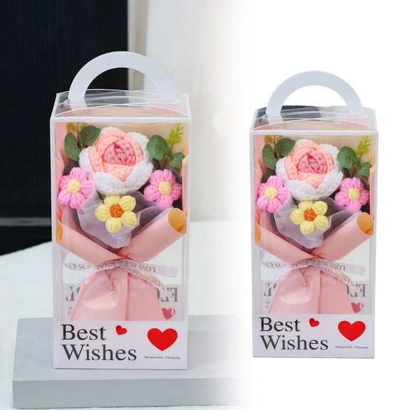 Liulin Crochet Flowers, Hand Knitted Rose Bouquet with Gift Box, Crochet Flower Bouquet for Birthday, Wedding and Anniversary, Valentines Day Gifts, Crochet Gifts for Women, 19.8", Pink