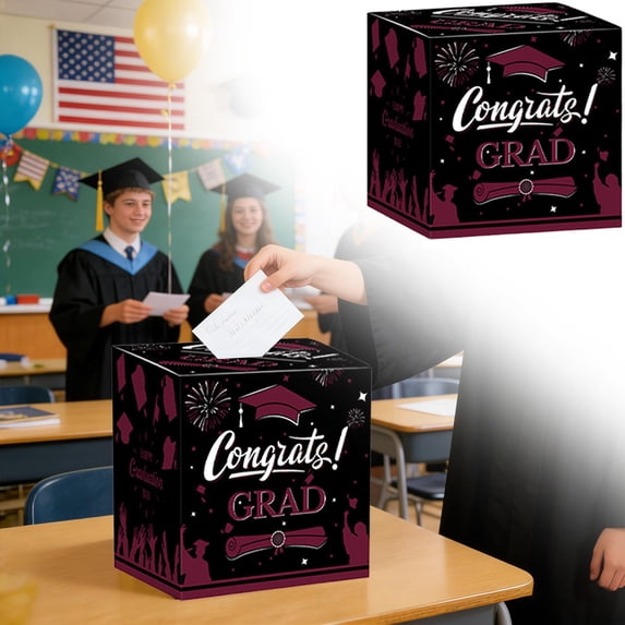 Liulin Graduation Card Box, Black and Red Congrats Grad Card Box, Foldable Graduation Gift Card Box for Class of 2026 Graduation Party Decorations Supplies Favors Props Gifts, 9 x 9 x 9 Inches