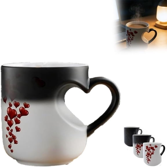Liulin Heat Changing Mug, Heart-Shaped Color Changing Magic Ceramic Mug, Funny Heat Sensitive Coffee Mugs Reveals Surprise Design When Filled with Hot Drinks, Romantic Gifts for Couples, 11 oz, Black