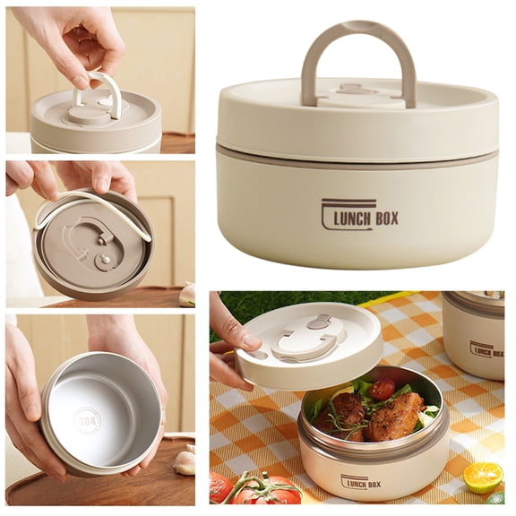 Liulin Insulated Lunch Containers, Stackable Stainless Steel Round Bento Box, Portable Thermal Lunch Box for Hot Food, Leak-Proof Insulated Food Container for Adults, 800ml, Beige