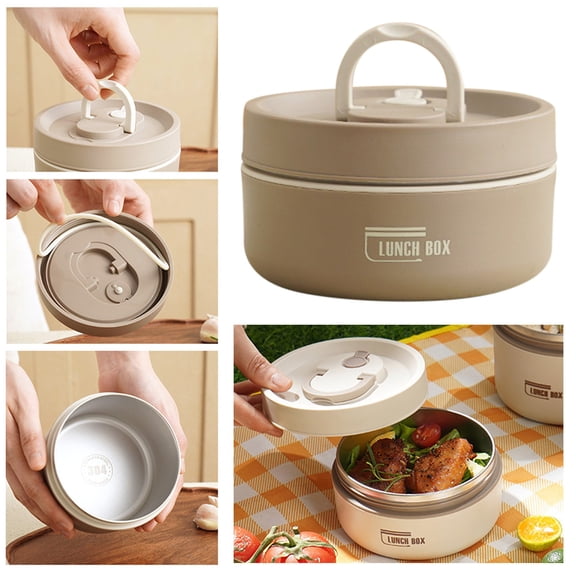 Liulin Insulated Lunch Containers, Stackable Stainless Steel Round Bento Box, Portable Thermal Lunch Box for Hot Food, Leak-Proof Insulated Food Container for Adults, 800ml, Khaki