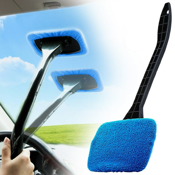 Liulin Windshield Cleaning Tool, Microfiber Car Window Cleaner with Long Handle, Auto Inside Glass Wiper Cleaning Kit, Car Accessories, 15.4", Blue