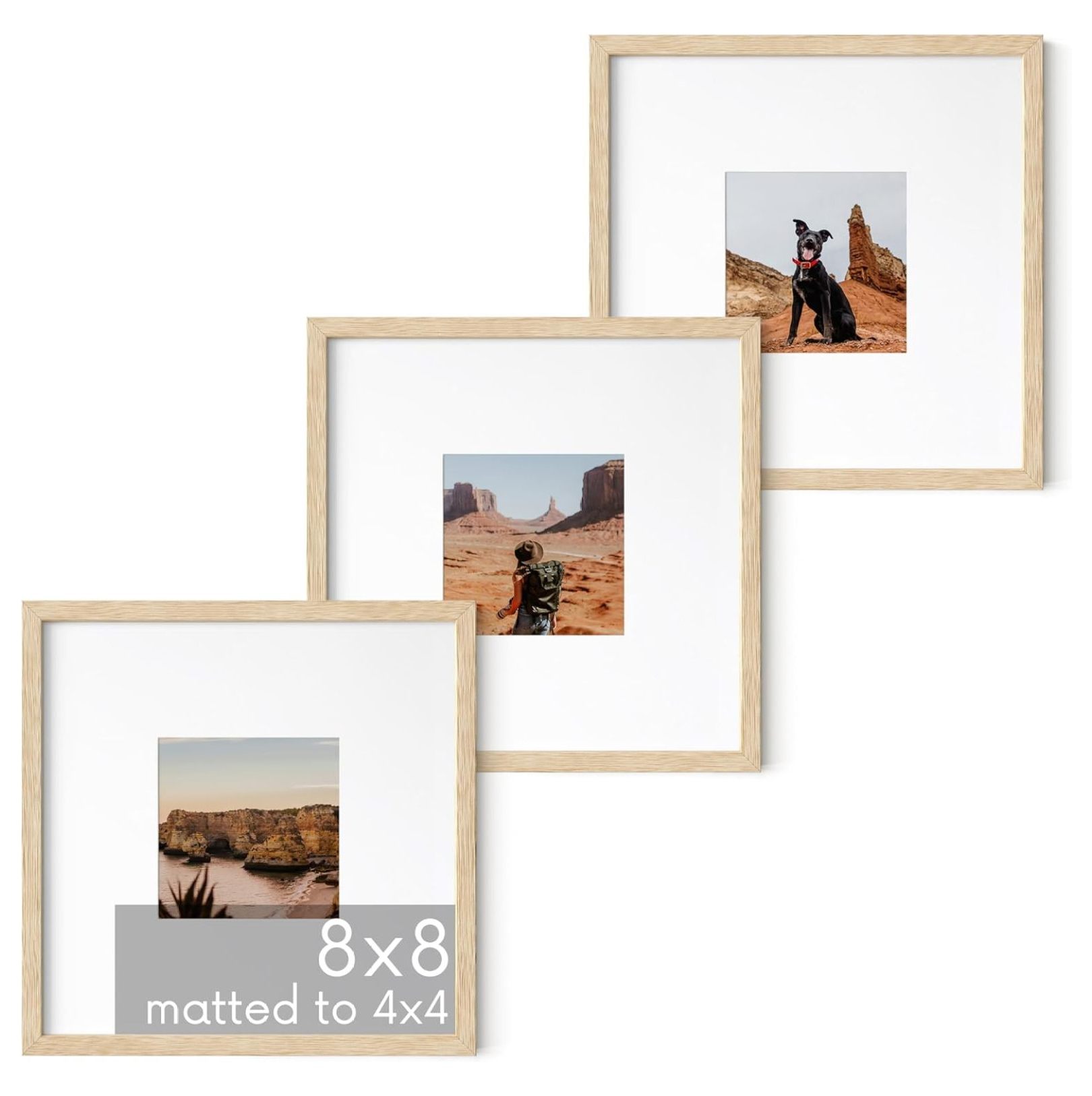 Liuyao Solid Oak Wood 8”x8” Picture Frames Matted to 4”x4” Set of 38x8 Standard Square Picture