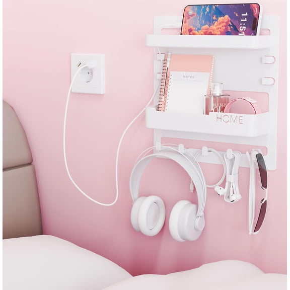 Liv - Bedside Wall Organizer, Wall Mounted Floating Bedside Shelf, Multi-Functional Charging Holder for Remote & Phone, Cute Bedroom Decor for Dorm RV Small Room Nightstand,  White