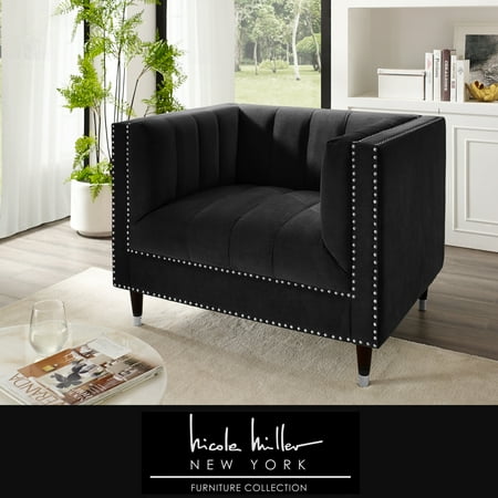 Liv Black/Chrome Velvet Club Chair - Line Stitch Tufted, Chrome Nailhead Trim and Tapered Chrome Legs Tip, Square Arm