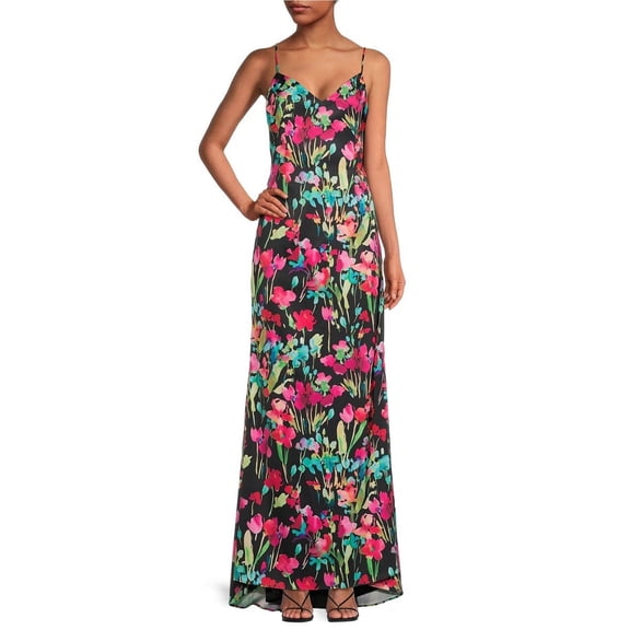 Liv Foster Floral Print V-Neck Spaghetti Strap Satin Gown