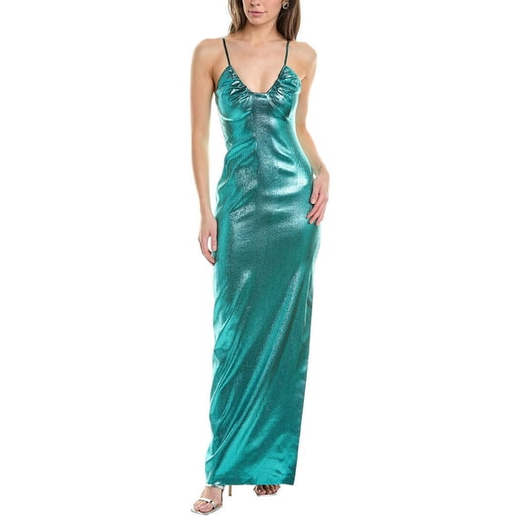 Liv Foster womens Light Lame Silk-Blend Column Gown, 6, Green