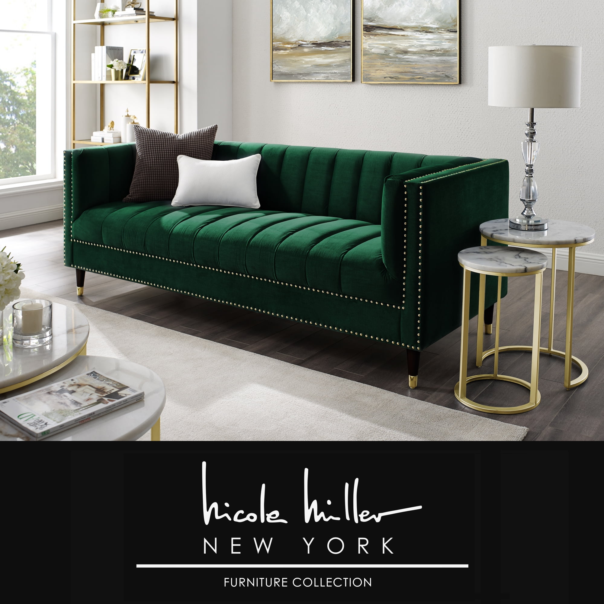 Liv Hunter Green/Gold Velvet Sofa - Line Stitch Tufted, Gold Nailhead ...