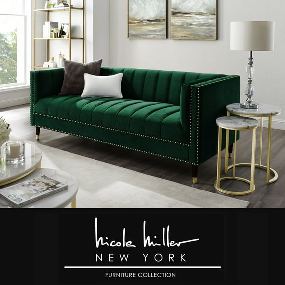 Liv Hunter Green/Gold Velvet Sofa - Line Stitch Tufted, Gold Nailhead Trim and Tapered Gold Legs Tip, Square Arm