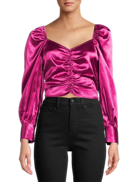 Junior' Satin Button-Front Top with Puff Sleeves