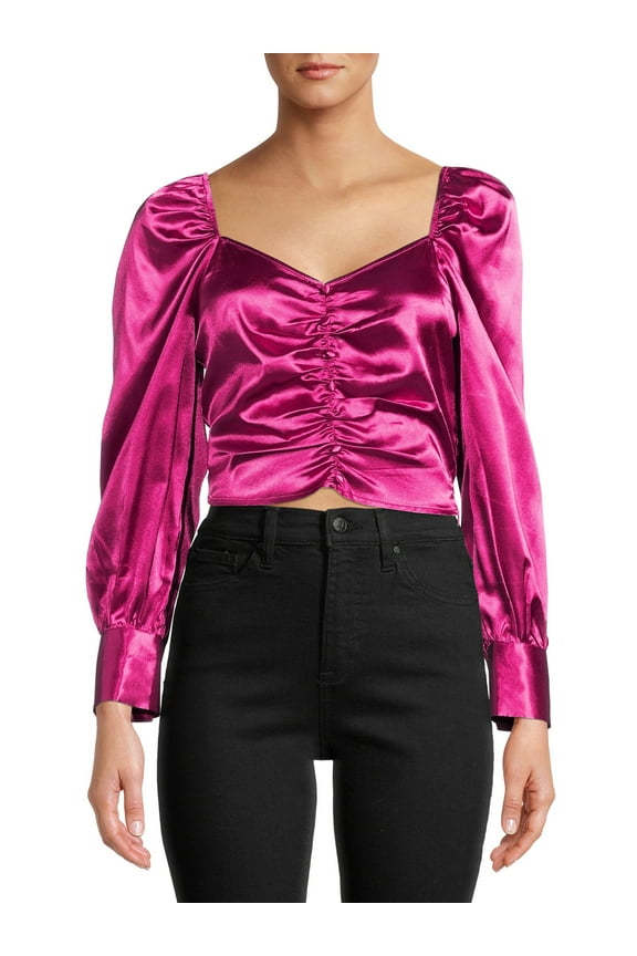 Junior' Satin Button-Front Top with Puff Sleeves