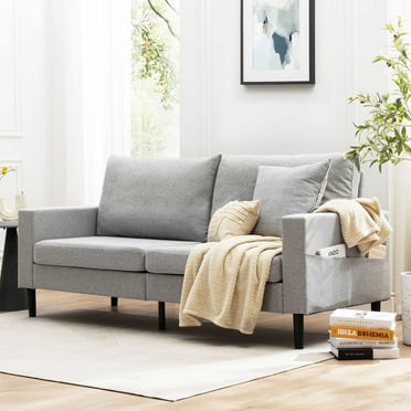 Liv Modern Upholstered Fabric Sofa with Armrest Pockets, Light Gray