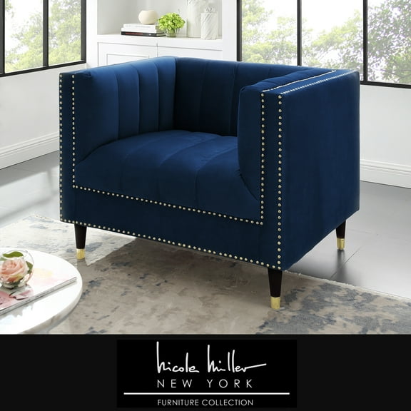 Liv Navy/Gold Velvet Club Chair - Line Stitch Tufted, Gold Nailhead Trim and Tapered Gold Legs Tip, Square Arm