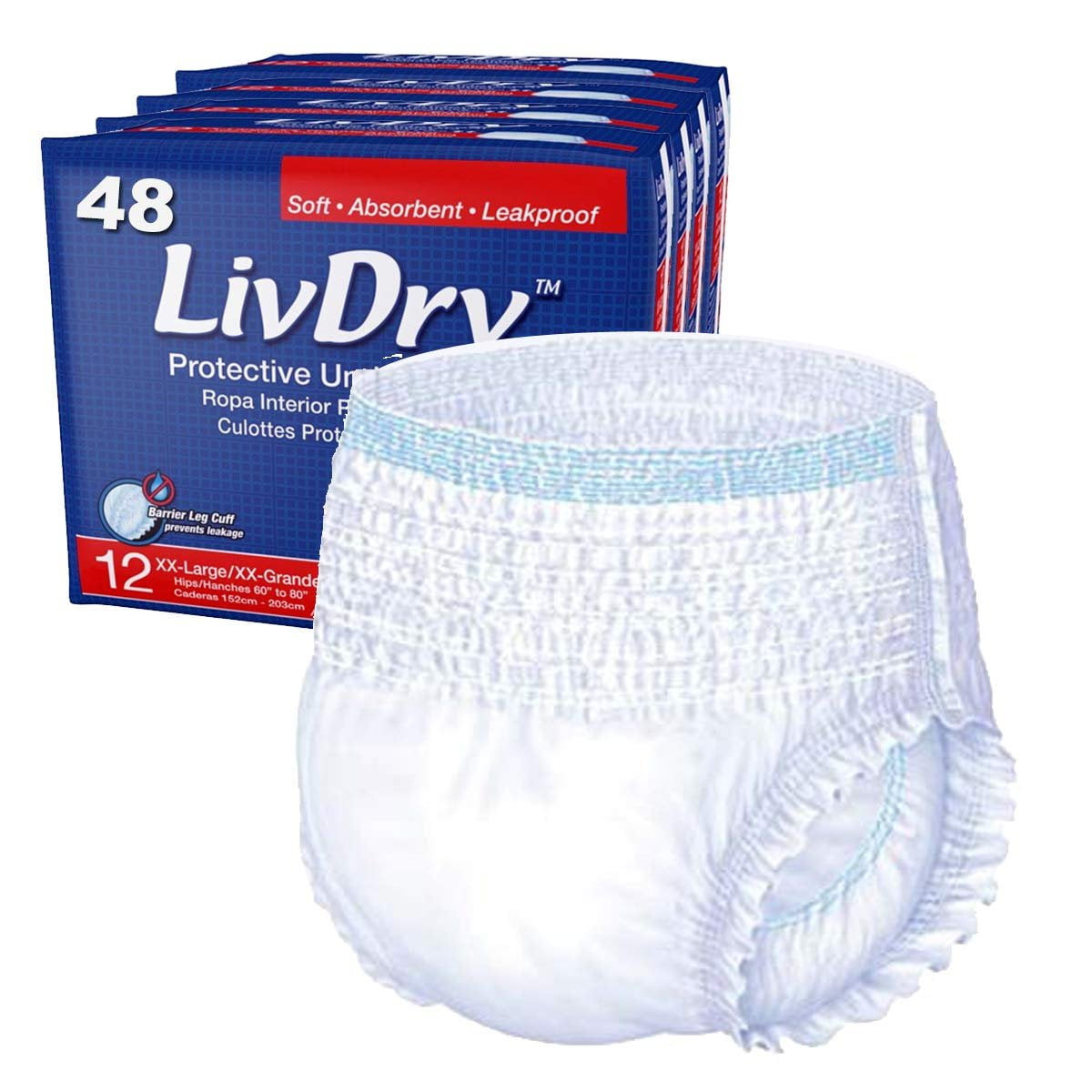 LivDry 3XL Adult Diapers for Women and Men, Extra Comfort Incontinence  Underwear, High Absorbing (XXX-Large, 44-Pack)