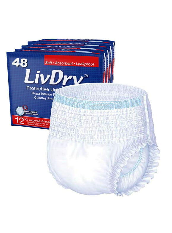 LivDry 2XL Adult Diapers for Women and Men, Extra Comfort Incontinence Underwear, High Absorbing (XX-Large, 48-Pack)