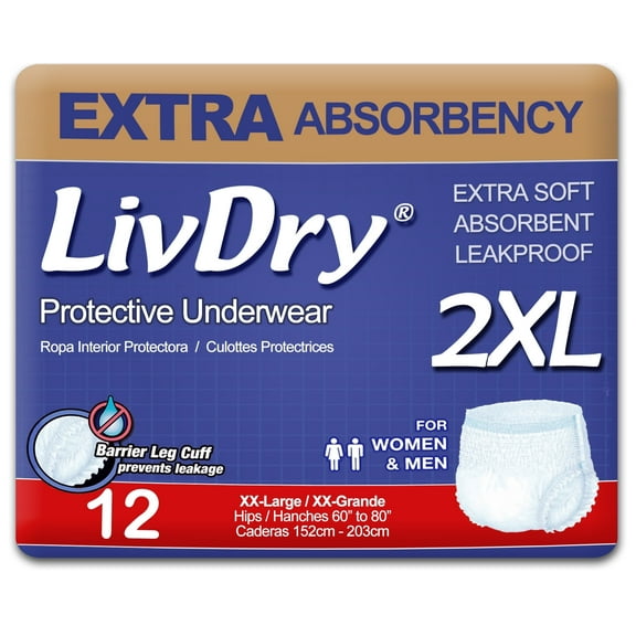 LivDry 2XL Adult Diapers for Women and Men, Leak Guard Incontinence Underwear, Extra Absorbing (XX-Large, 12-Pack)