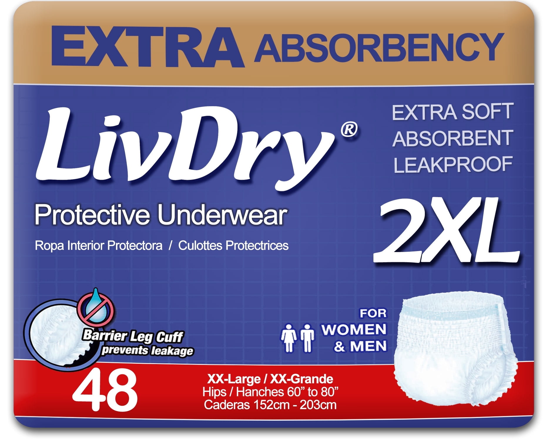 LivDry 2XL Adult Diapers for Women and Men, Leak Guard Incontinence Underwear, Extra Absorbing (XX-Large, 48-Pack)