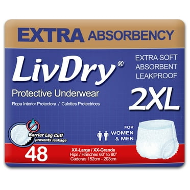 LivDry 2XL Adult Diapers for Women and Men, Leak Guard Incontinence Underwear, Extra Absorbing (XX-Large, 48-Pack)