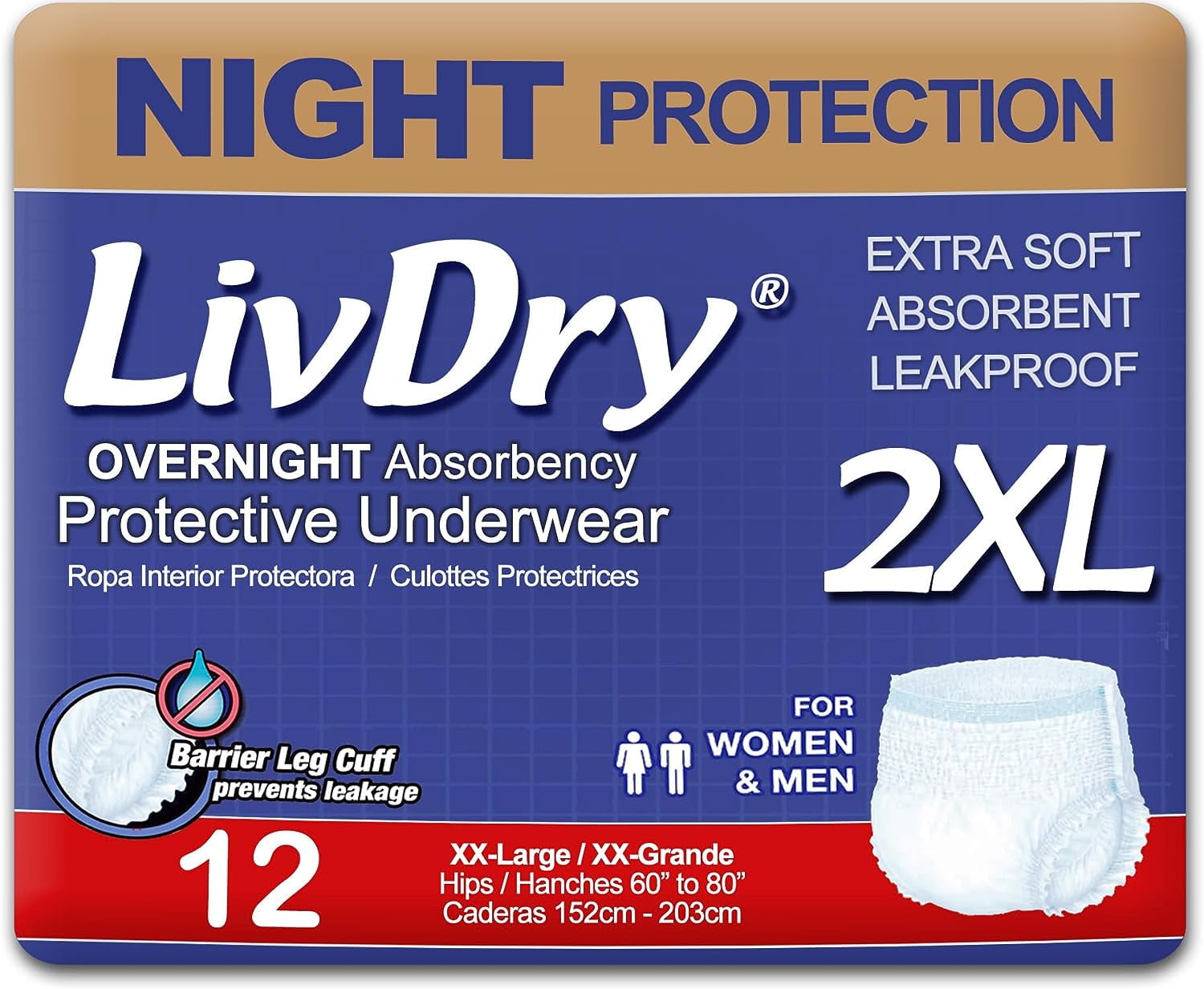 LivDry 2XL Overnight Adult Diapers for Women and Men, Incontinence Underwear  (XX-Large, 12-Pack) 